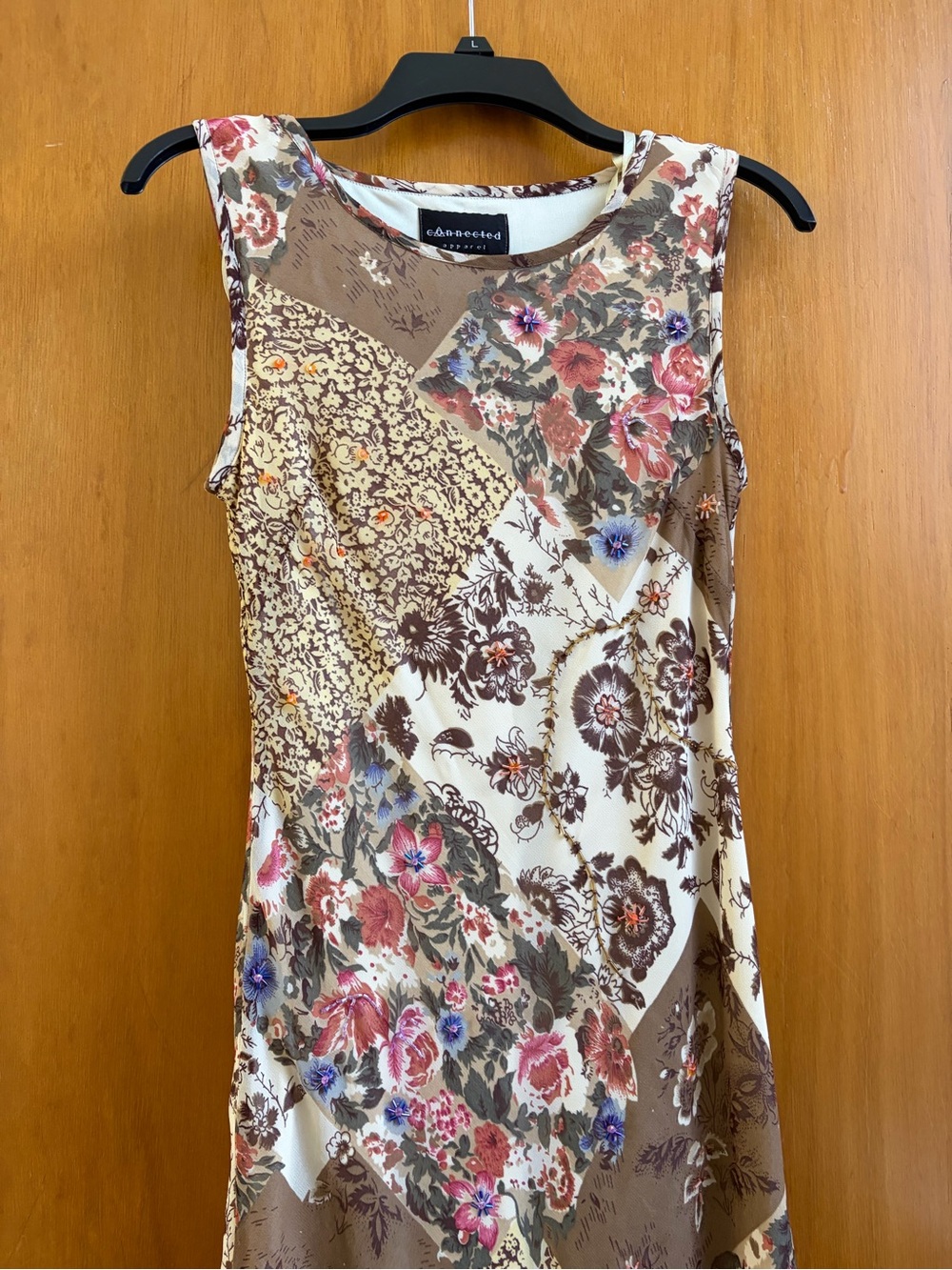 Connected Apparel Floral Patchwork Midi Dress in Brown and Cream